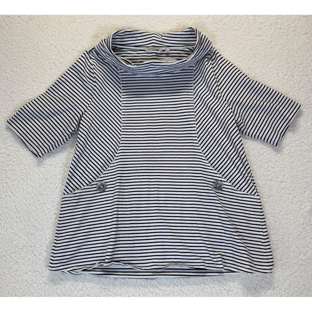 Soft Surroundings Striped Cowl Neck Top‎ Black White Short Sleeve Pockets XL